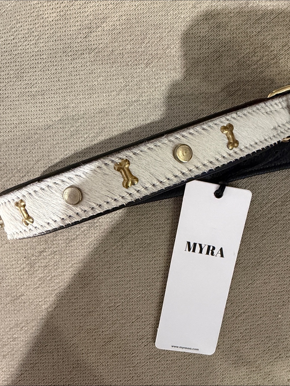 Myra White & Black Haircalf Dog Collar with Gold Bone Studs
